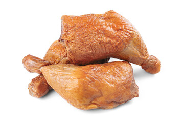 Cold smoked chicken thigh over white background.