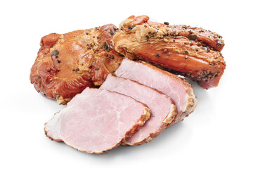 Slices of pork smoked meat isolated on white background.