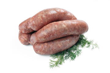 Raw pork sausages for grill isolated on white background.