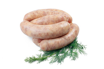 Raw pork sausages for grill isolated on white background.