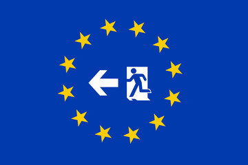 Flag of European union and symbol of exit - member escape and secession from EU. Vector illustration.