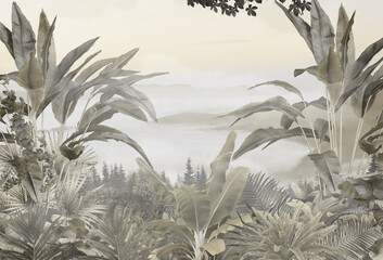 tropical trees and leaves wallpaper design in foggy forest - 3D illustration
- 502462678