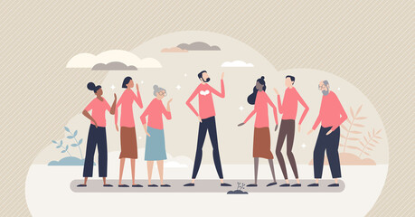 Community service and social valuable work activity event tiny person concept. Charity and care by non profit organization to help and support vector illustration. Unity, love and kindness project.