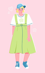 Vector illustration of a stylish girl wearing a pinafore dress, T shirt and a cap. Young woman in trendy modern outfit. Colorful flat style.