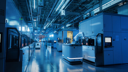 Wide Shot Inside Advanced Semiconductor Production Fab Cleanroom. Automated Robots are Transporting...