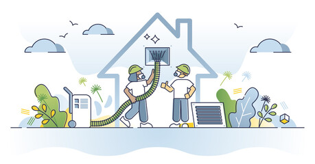 Air duct cleaning service for clean house ventilation pipes outline concept. Technician with compressor taking care of home climate control maintenance for breathing quality vector illustration.