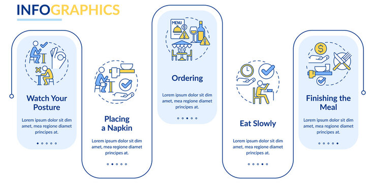 Restaurant etiquette rectangle infographic template. Table manners Data visualization with 5 steps. Process timeline info chart. Workflow layout with line icons. Lato-Bold, Regular fonts used
