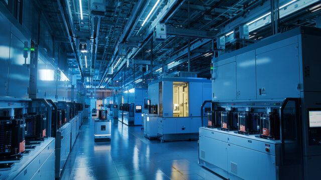 Wide Shot Inside Advanced Semiconductor Production Fab Cleanroom with Working AGV robots.