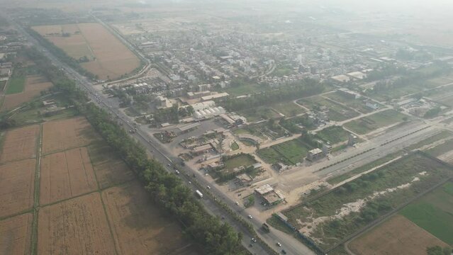 SA Gardens and Lahore Smart City Aerial View of Pakistani Farms, kala shah kako Punjab Pakistan, drone's footage