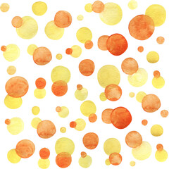 Watercolor background, yellow and orange circles on a white isolated background, abstract background

