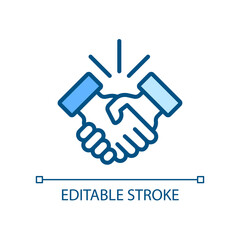 Handshake pixel perfect RGB color icon. Business etiquette. Shaking hands. Deal making. Company meeting. Isolated vector illustration. Simple filled line drawing. Editable stroke. Arial font used