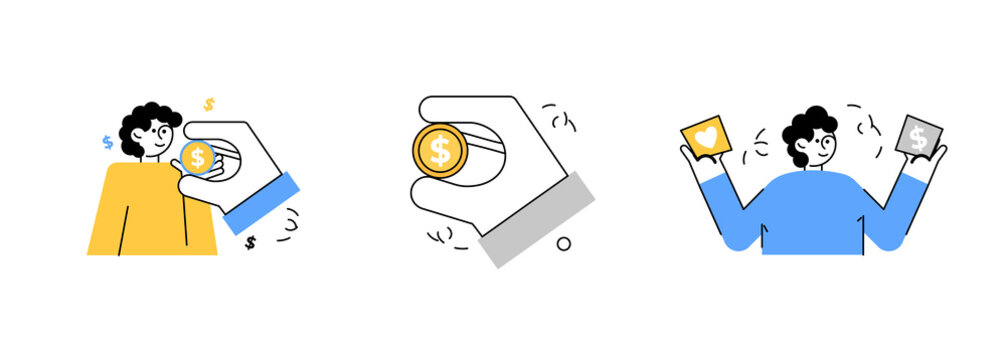 Money trasfer scene with character and hand. Vector illustration concept