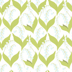 Floral Seamless pattern with beautiful May lilies of the valley on white background. Vector illustration. Spring pattern with forest flowers for design, packaging, wallpaper, decor and decoration