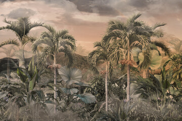 tropische Bäume und Blätter im nebligen Wald Tapetendesign - 3D-Illustration