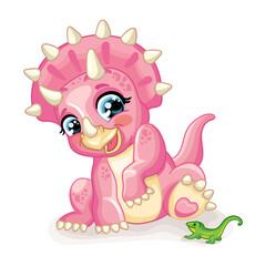 Cute cartoon baby triceratops surprised by the lizard vector illustration © alinart