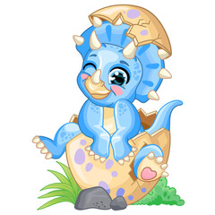 Cute cartoon baby blue triceratops in egg vector illustration © alinart