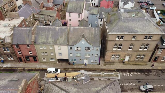 A drone view of the street in the old town of Arbroath, Scotland