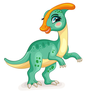 Cute cartoon dinosaur green parasaurolophus vector illustration