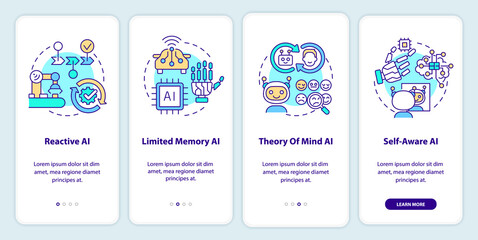 Types of artificial intelligence onboarding mobile app screen. Walkthrough 4 steps graphic instructions pages with linear concepts. UI, UX, GUI template. Myriad Pro-Bold, Regular fonts used