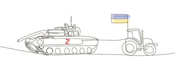Ukrainian tractor pulls a russian tank continuous line drawing. One line art of russian invasion of Ukraine, Russian-Ukrainian war, opposition to fascism,farmers, military.