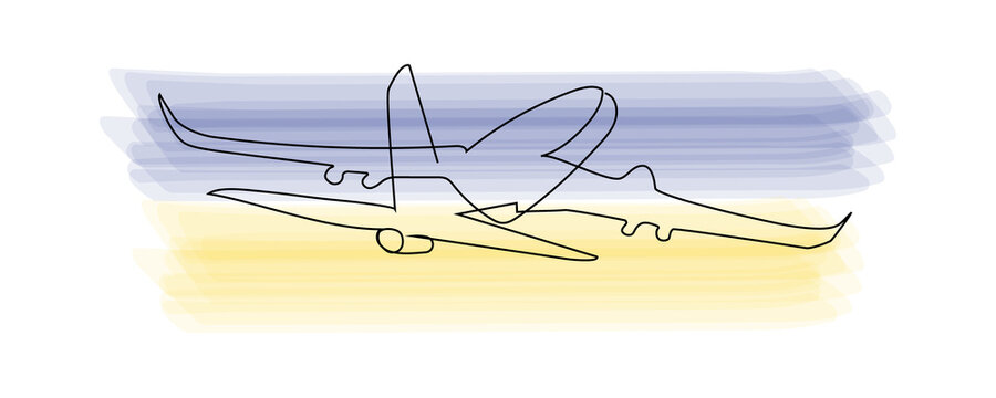 Aircraft continuous line drawing. One line art of plane flying against the background of the Ukrainian yellow and blue flag, plane in the sky, flight.