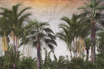 tropische Bäume und Blätter im nebligen Wald Tapetendesign - 3D-Illustration