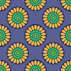 Seamless african fashion vector pattern with circles, round shapes, wavy lines. Bright, vibrant colors. Yellow, green, blue colors. Color illustration.