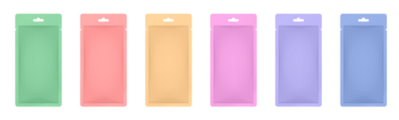 Purple, yellow, pink, green, orange and blue sachet or pouch. Vector bags mockup, wet wipes paper or foil packs. Cosmetics samples. Moisturizing sheet face mask. Realistic 3d mock up set