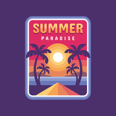 Summer paradise - concept banner badge vector illustration for t-shirt and other design print productions. Summer, sunset, palms, surfing, sea waves. Tropical paradise. Adventure vacation. Long beach.
