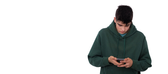 isolated teen boy looking at mobile phone