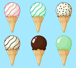 ice cream soft in a cone in different flavors