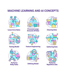 Obraz premium Machine learning and AI concept icons set. Artificial intelligence advantages idea thin line color illustrations. Isolated symbols. Editable stroke. Roboto-Medium, Myriad Pro-Bold fonts used