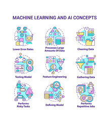Machine learning and AI concept icons set. Artificial intelligence advantages idea thin line color illustrations. Isolated symbols. Editable stroke. Roboto-Medium, Myriad Pro-Bold fonts used