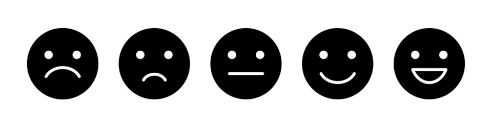 Rating scale or pain scale in the form of emoticons. 
Black icons. Vector clipart isolated on white background.	

