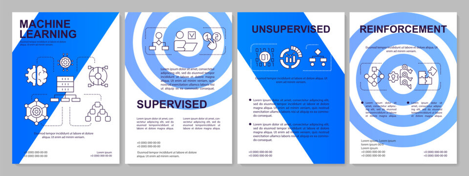 Machine learning categories blue brochure template. Data processing. Leaflet design with linear icons. 4 vector layouts for presentation, annual reports. Arial-Black, Myriad Pro-Regular fonts used