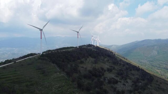 A wind turbine in the wind farm in the province of Benevento, southern Italy.