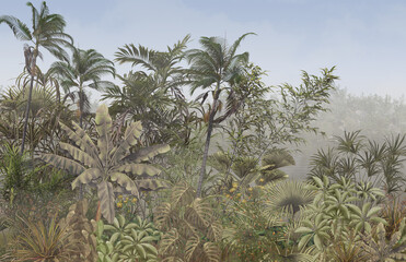 tropische Bäume und Blätter für Digitaldrucktapeten, kundenspezifische Designtapeten - 3D-Illustration