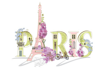 Paris lettering decorated with flowers and the Eiffel tower and other architecture sights. Hand drawn vector illustration. - 502465274