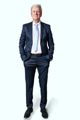 Confident senior businessman standing at isolated white background