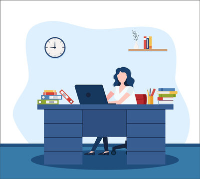 A young woman secretary working at the computer in office. workflow process. administrative administration. business administration. Illustrated by vector