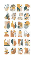 Vector Abstract Collection. Set of various compositions in Boho sltyle with abstract shapes. Earthy colors. Used for interior design, posters, postcards, printing, printing