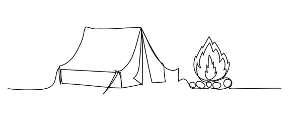 Continuous one line drawing of tent and campfire. Vector illustration © Olena