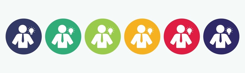 Set collection of 6 buttons with businessman and light bulb,  concept of business idea icon.