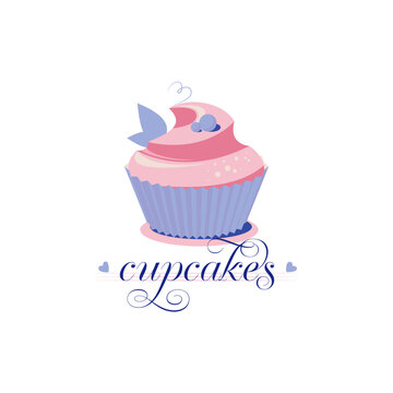 Cupcake vector logo for candy makers, baking, pink and blue tones