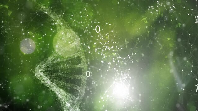Abstract dna chain on green digital nature bokeh background.