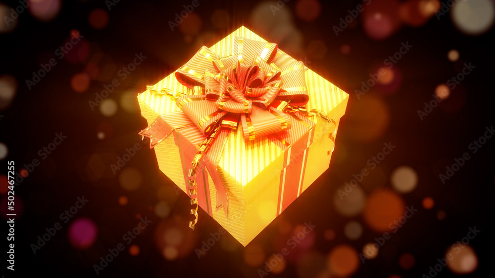 Poster golden - red present box on bright background - object 3d rendering