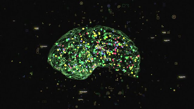 Zoom out macro shot rotation neon cyber particles illuminated human brain neural networks