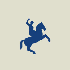Fototapeta na wymiar Horseman silhouette vector illustration. Logo of a man riding a horse with hand raised up. Vintage illustration. 