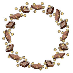 Illustration of a frame made of chocolate pieces with nuts on a white background. Frame, snacks, piece of chocolate, nut, chocolate, ready to use, eps. For your design