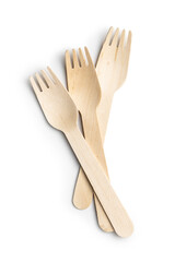 Wooden disposable fork isolated on white background. Timber biodegradable fork made of natural eco recycle reusable material.